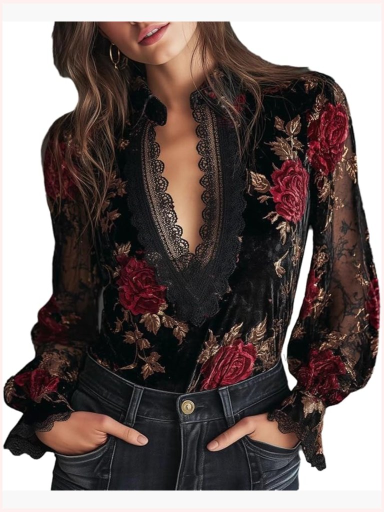 Long Sleeve Lace Patchwork Pullover Velvet Womens Elegant Top